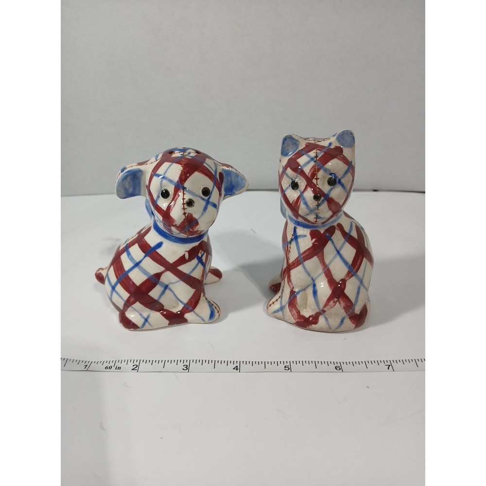 Vintage Dog Cat Plaid Quilted Stitched Patchwork Salt and Pepper Shakers